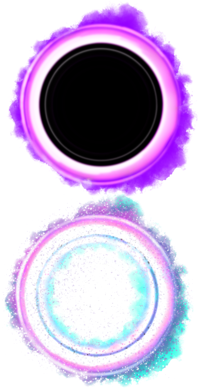 Two artistic interpretations of dreamform souls, one Nightmare soul, and one Phantasm soul. The nightmare soul is black in the center, with a bright white and purple event horizon around it. The phantasm soul is very similar, a white center and flecks of p